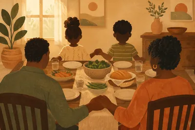 African American Family Prayer at Dinner Table