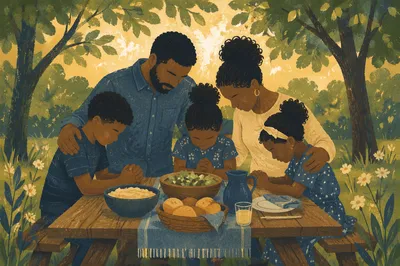 African American Family Prayer at Picnic Table