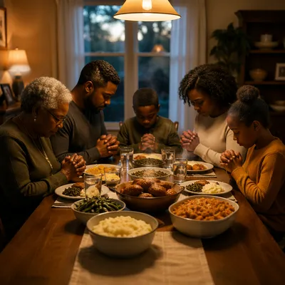 African American Family Prayer at Dinner Table