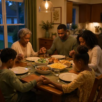 African American Family Praying Before Dinner