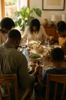 African American Family Prayer at Dinner Table