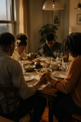 African American Family Prayer at Dinner Table
