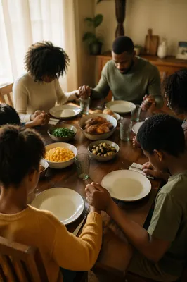 African American Family Prayer at Dinner Table