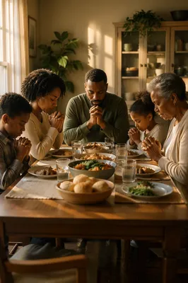 African American Family Praying Before Dinner