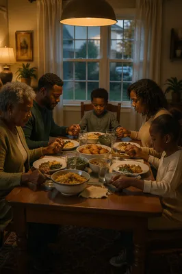 African American Family Prayer at Dinner Table