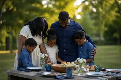 African American Family Prayer at Picnic Table