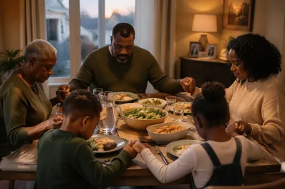African American Family Praying Before Dinner