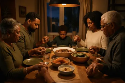 African American Family Praying at Dinner