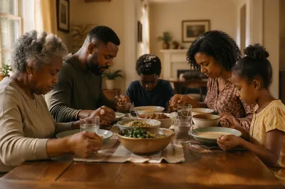 African American Family Praying Before Dinner