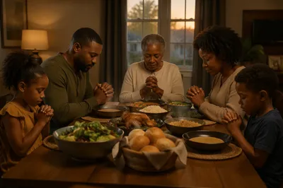 African American Family Praying at Dinner Table