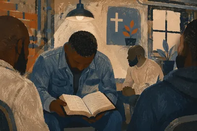African American Men in Bible Study Prayer