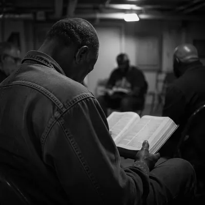 African American Men in Reverent Bible Study