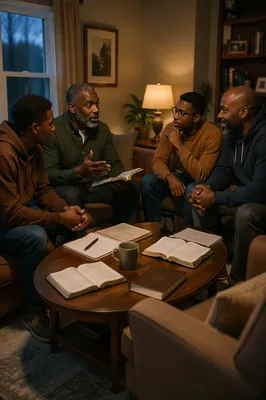 African American Men Reading Together Indoors