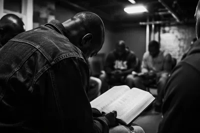 African American Men in Reverent Bible Study