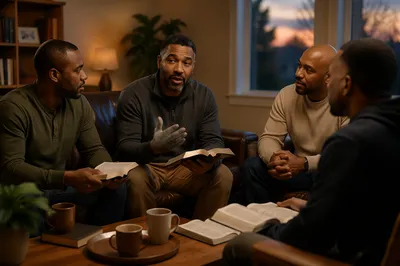 Four Men Reading Together in Living Room