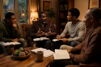 African American Men Reading Together Indoors