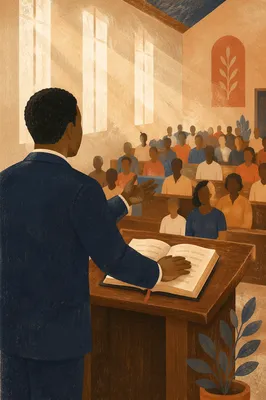 African American Pastor Preaching at Wooden Pulpit