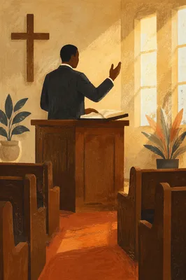 African American Pastor Preaching at Wooden Pulpit