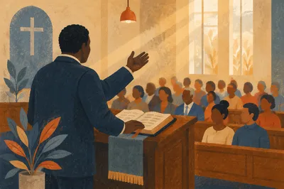 African American Pastor Preaching at Wooden Pulpit