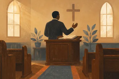 African American Pastor Preaching from Pulpit