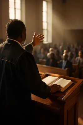 African American Pastor Preaching at Wooden Pulpit