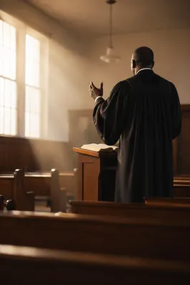 African American Pastor Preaching at Wooden Pulpit