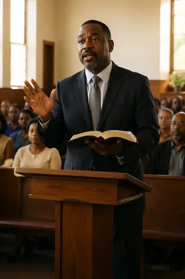 African American Pastor Preaching at Wooden Pulpit