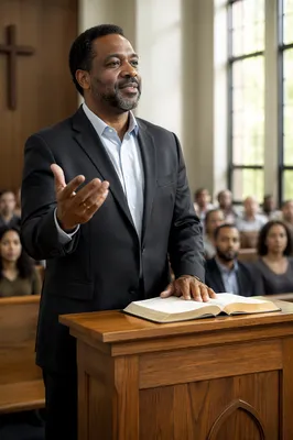Pastor Preaching at Wooden Pulpit