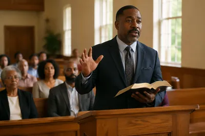 Pastor Preaching Behind Wooden Pulpit