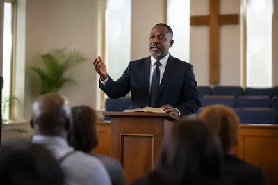 Pastor Preaching Behind Wooden Pulpit