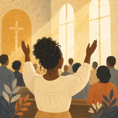 Woman Raising Hands in Worship Hall