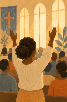Woman with Raised Hands in Worship Hall