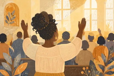 Woman with Raised Hands in Worship Hall