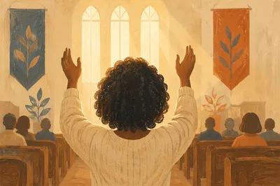 Woman with Raised Hands in Sanctuary