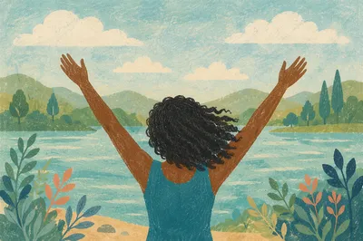 Woman with Raised Arms by Lake