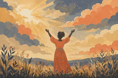 Silhouetted Woman with Raised Arms in Field
