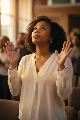 African American Woman with Hands Raised