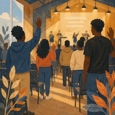 Teenagers Raising Hands in Community Hall