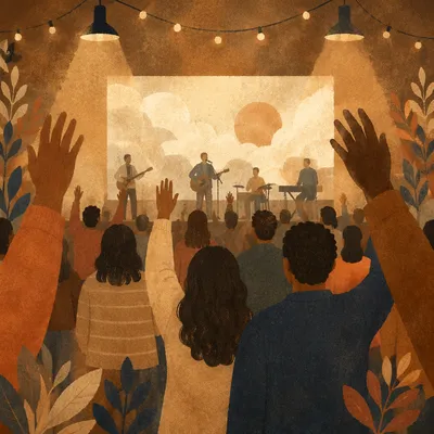 Raised Hands in Modern Auditorium Gathering