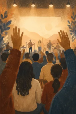 Raised Hands in Modern Auditorium Gathering