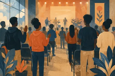 Teenagers Raising Hands in Community Hall