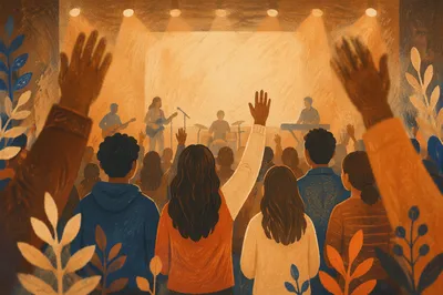 Raised Hands in Modern Auditorium Gathering