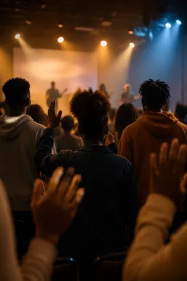 Young People Raising Hands Toward Stage