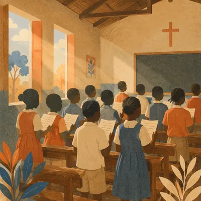 African Children Singing in Church Classroom