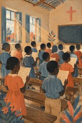 African Children Singing in Church School