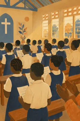 African Children Singing in Church School