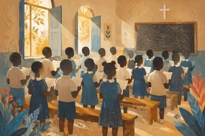 African Children Singing in Church School