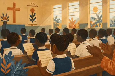 African Children Singing in Church School