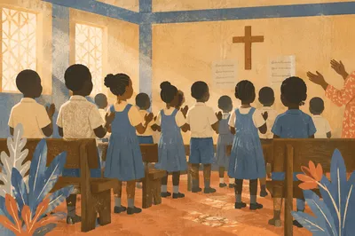 African Children Singing in Church School