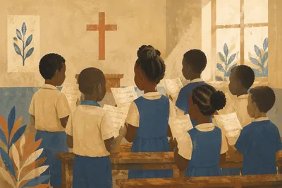 African Children Singing in Church School